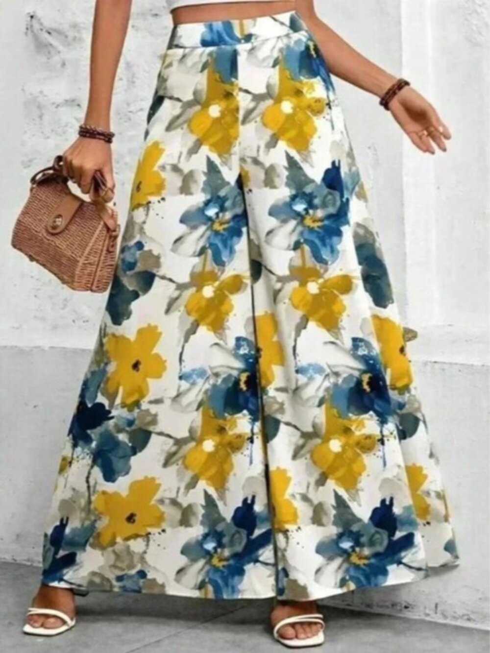White Boho Women's Floral Print Super Wide-Leg Pants